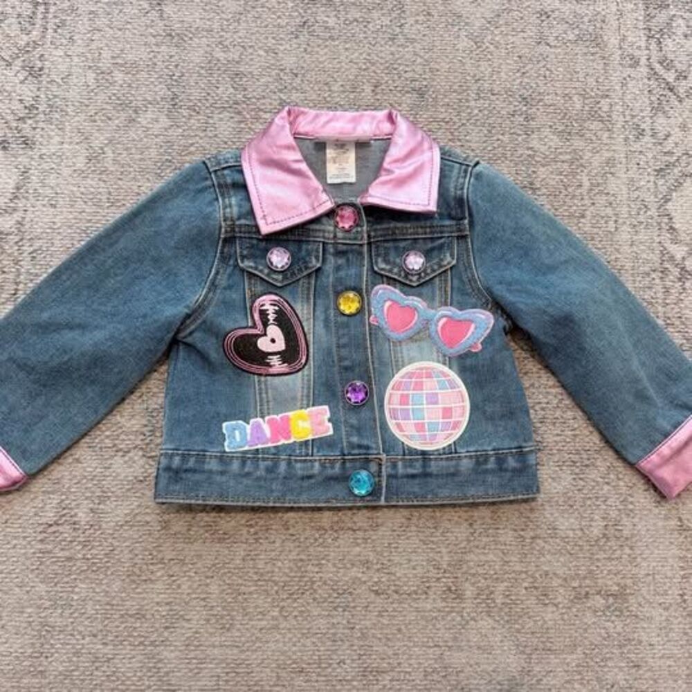 Girls Like Us 3T Denim Jacket Disco Dance Patches Pink Metallic Trim